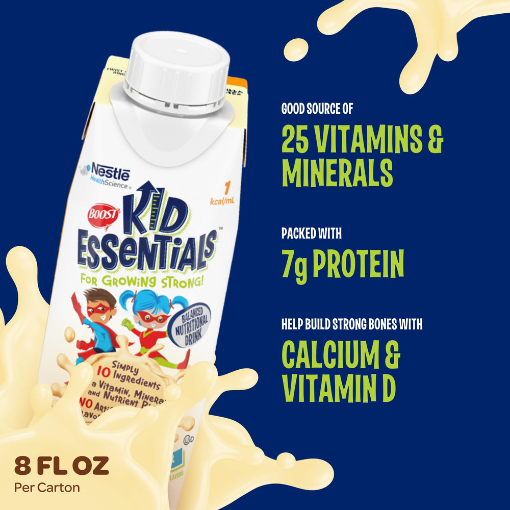 BOOST Kid Essentials Vanilla Vortex child drinking during breakfast time.