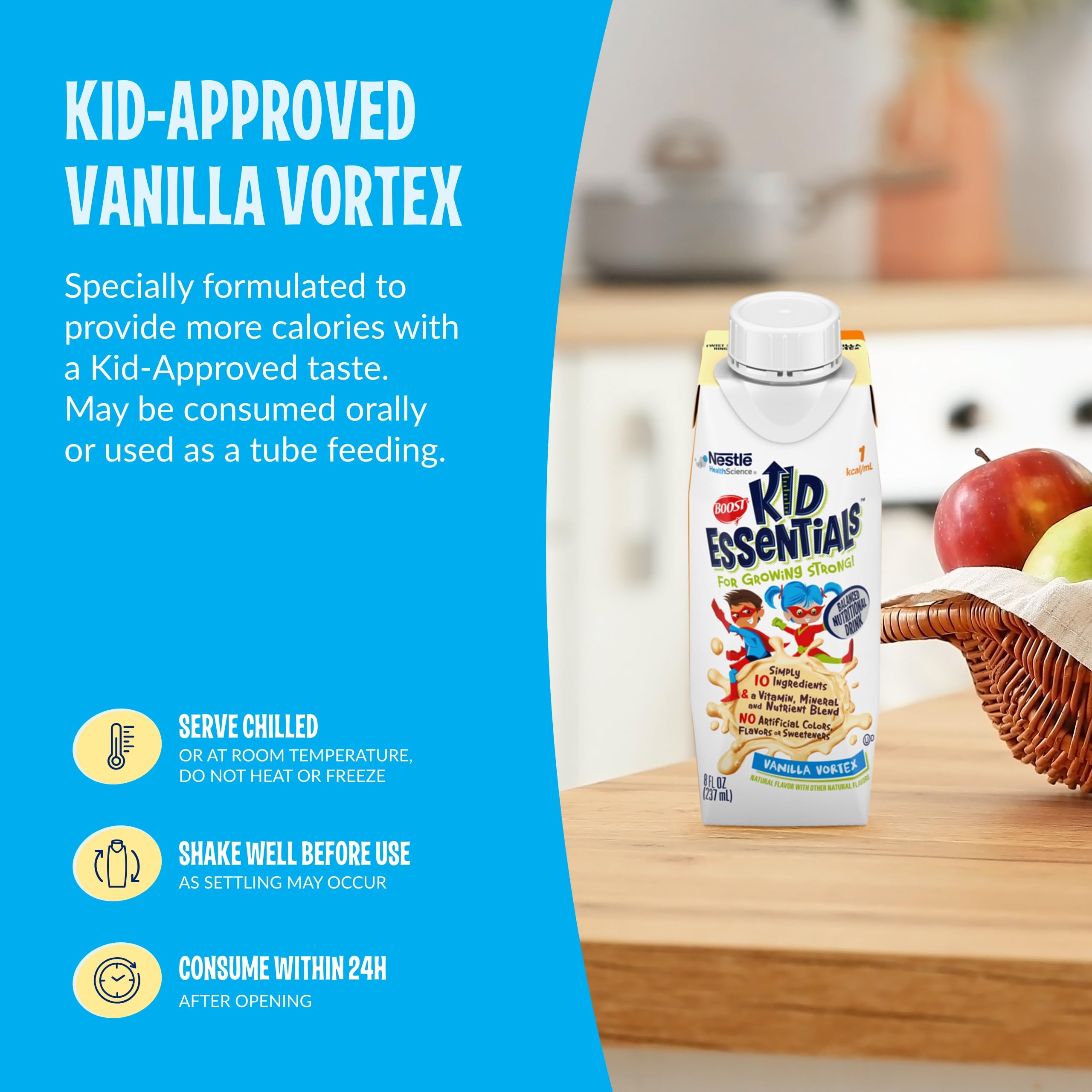 BOOST Kid Essentials Vanilla Vortex vanilla flavor label on packaging.