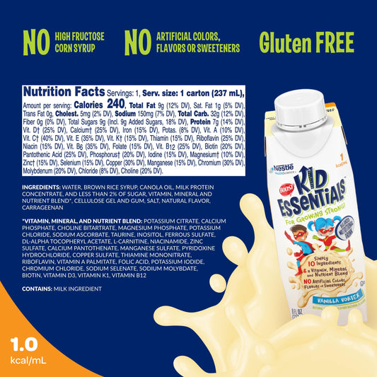 BOOST Kid Essentials Vanilla Vortex label closeup showing nutrition facts.