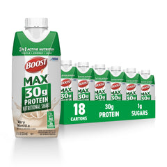 BOOST MAX vanilla ready-to-drink bottle; convenient protein for post-workout recovery.