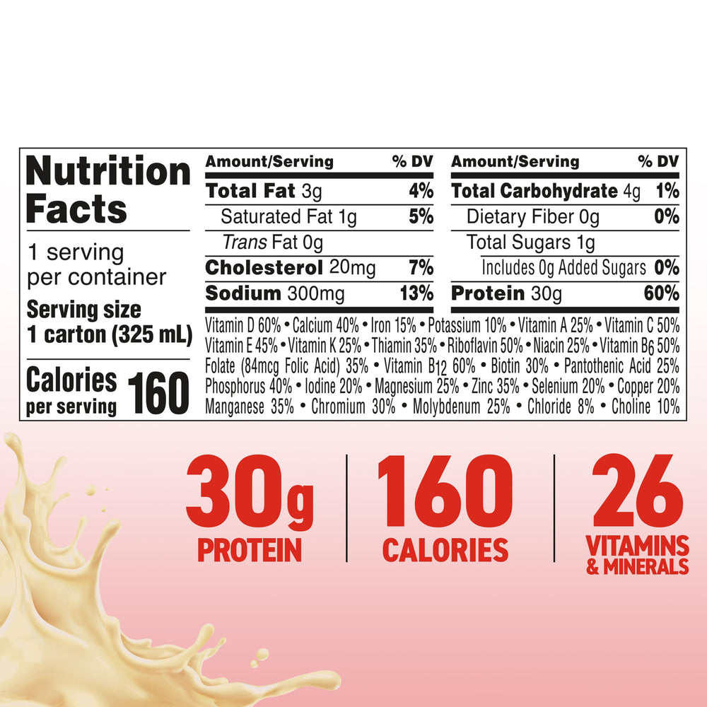 BOOST MAX vanilla shake being poured into glass; ready-to-drink convenience for active days.