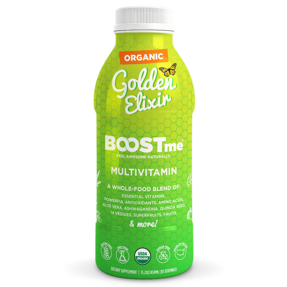 BoostMe Golden Elixir bottle front showing daily plant-based multivitamin support