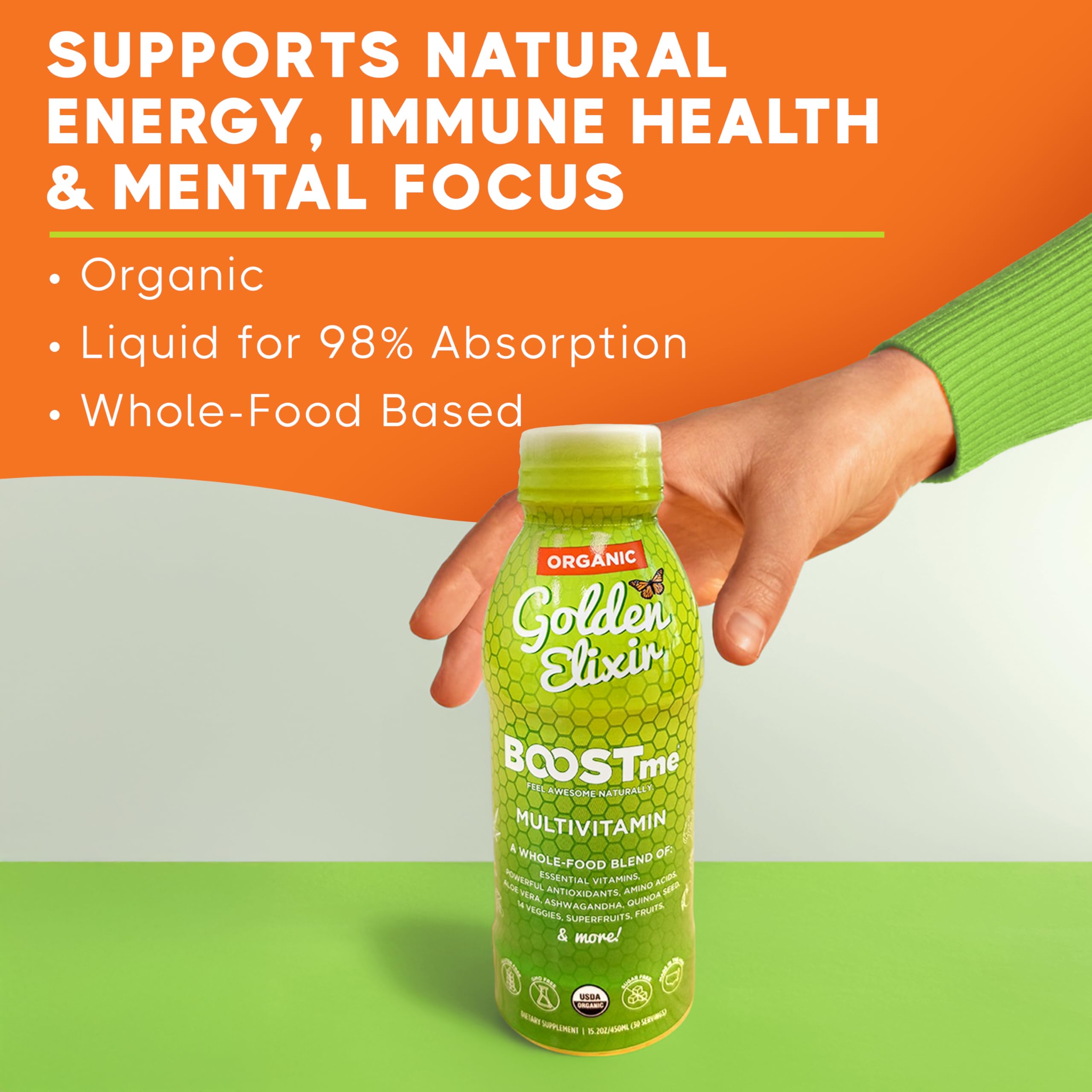 BoostMe Golden Elixir liquid pour highlights fast-absorbing vitamins for quick daily support