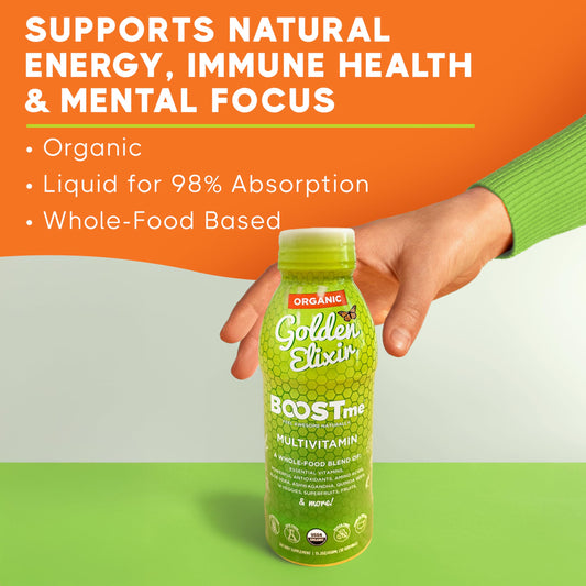 BoostMe Golden Elixir liquid pour highlights fast-absorbing vitamins for quick daily support