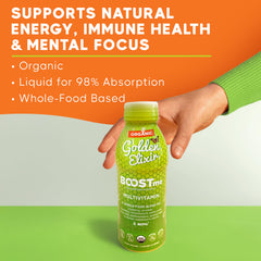 BoostMe Golden Elixir liquid pour highlights fast-absorbing vitamins for quick daily support