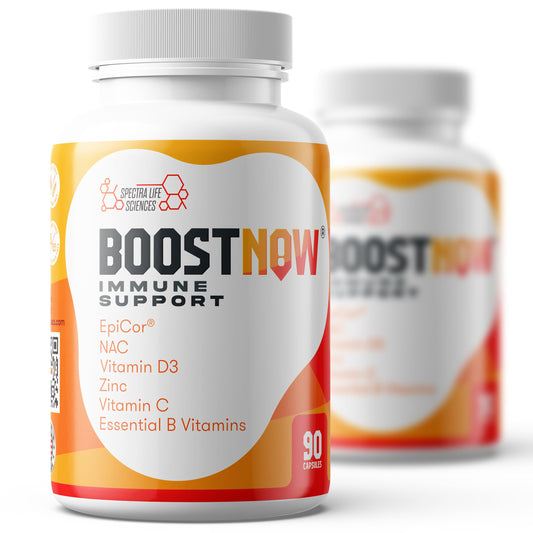 BoostNow Immune Support bottle front promotes daily wellness with EpiCor and vitamins.