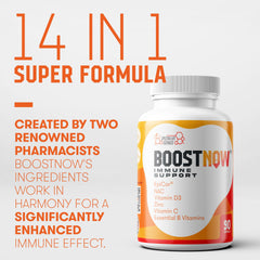 BoostNow Immune Support bottle side shows vegan and allergen-free attributes.