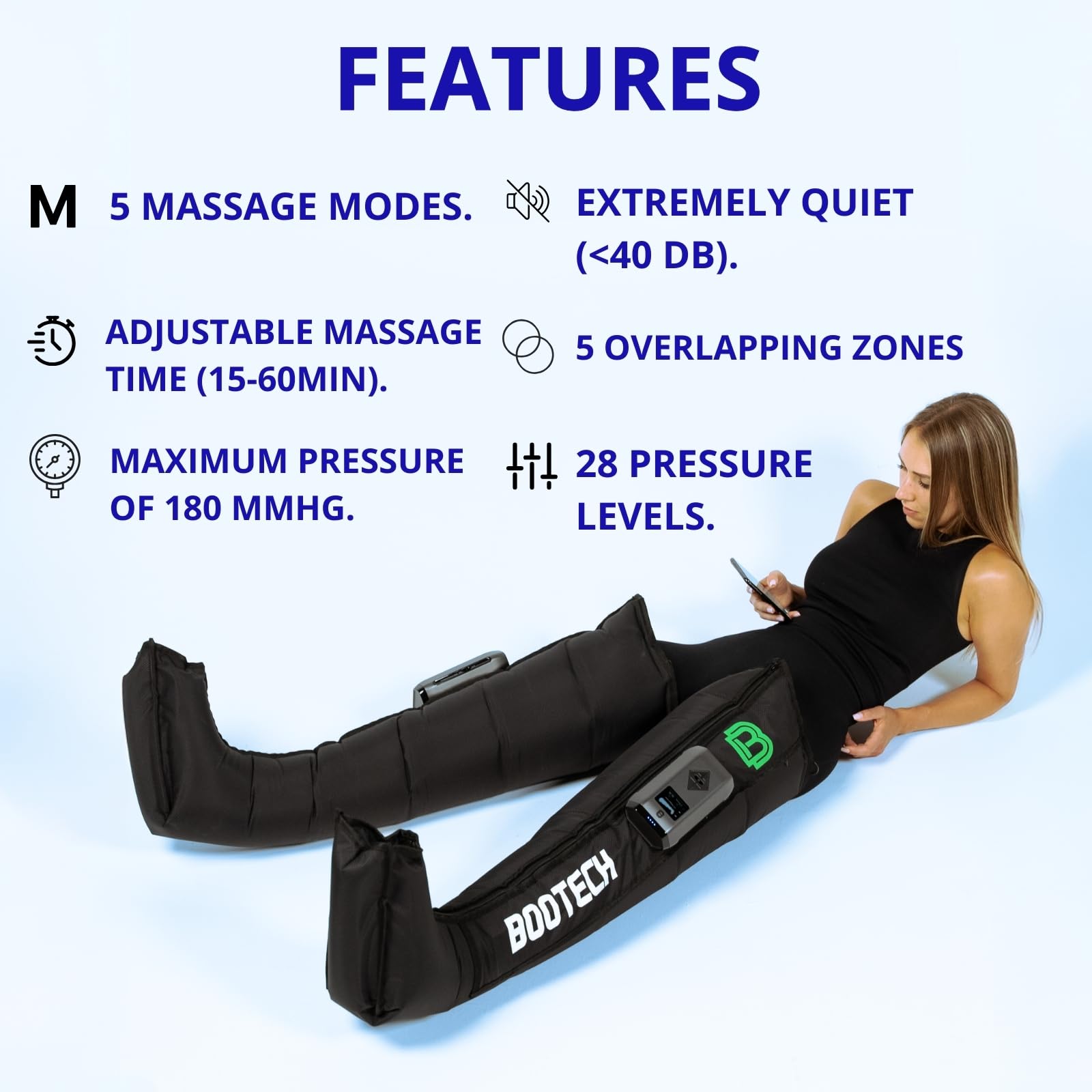 Bootech BT-SMART in use with five chambers for targeted massage.