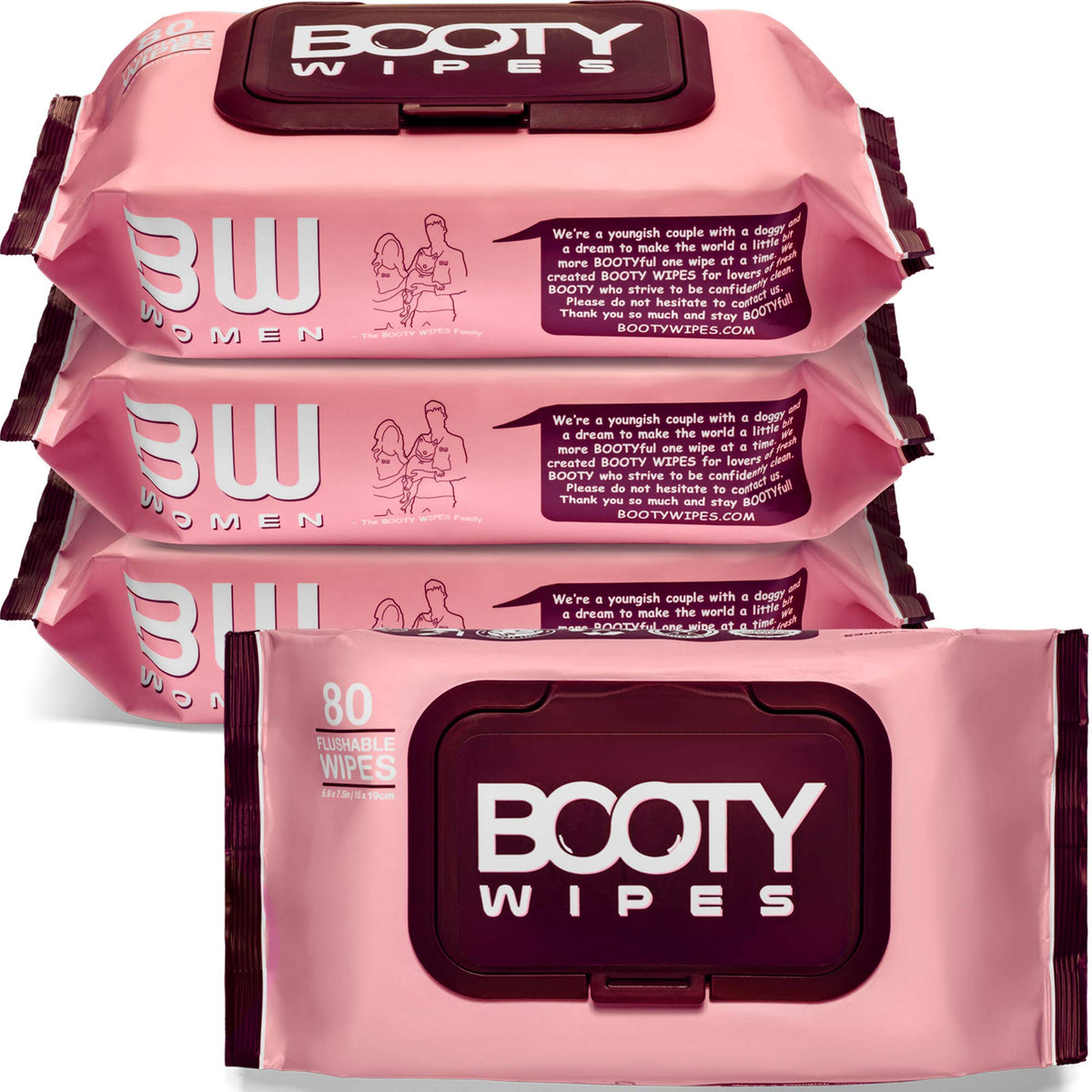 Booty Wipes four-pack box for on-the-go freshness and easy disposal.