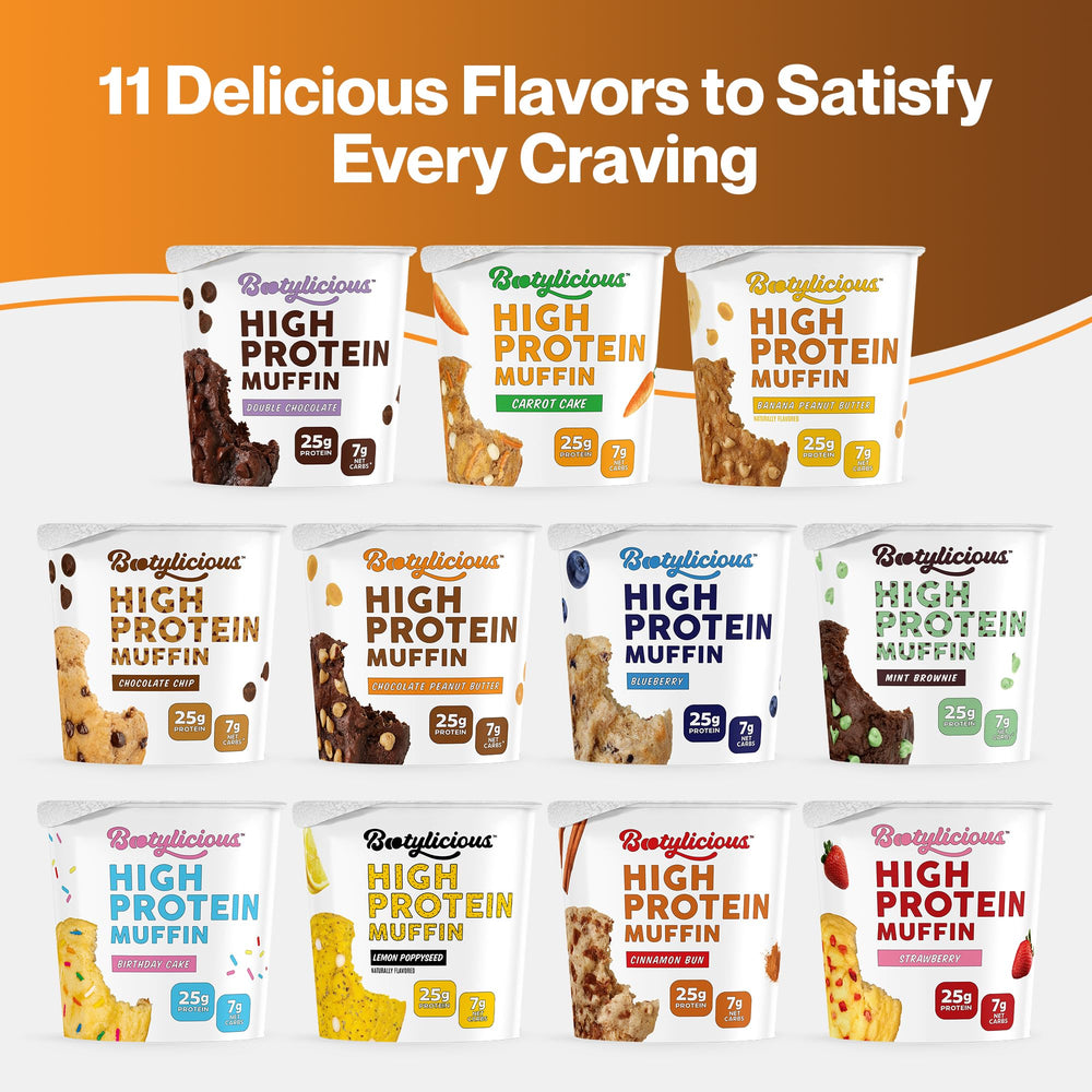Bright packaging of Bootylicious muffins signaling high-protein, low-carb choice