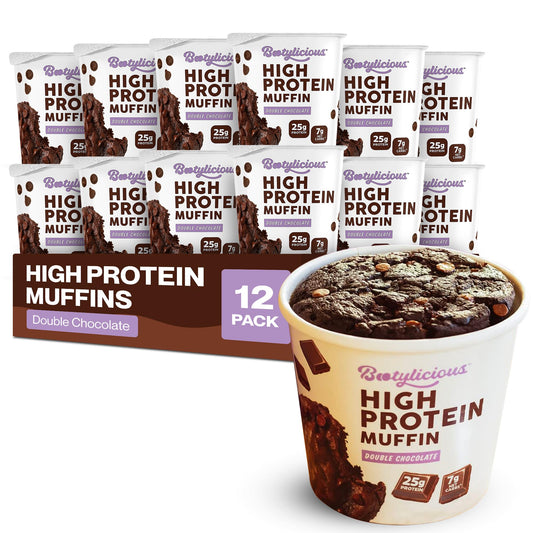 Bootylicious Double Chocolate muffin packshot shows a high-protein snack option.
