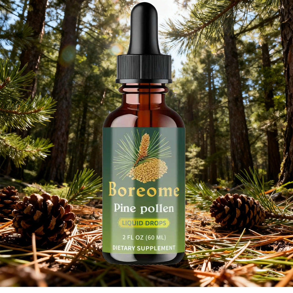 Boreome Pine Pollen Tincture dropper highlighting alcohol-free formula
