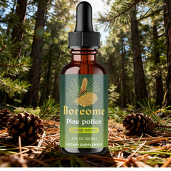 Boreome Pine Pollen Tincture dropper highlighting alcohol-free formula