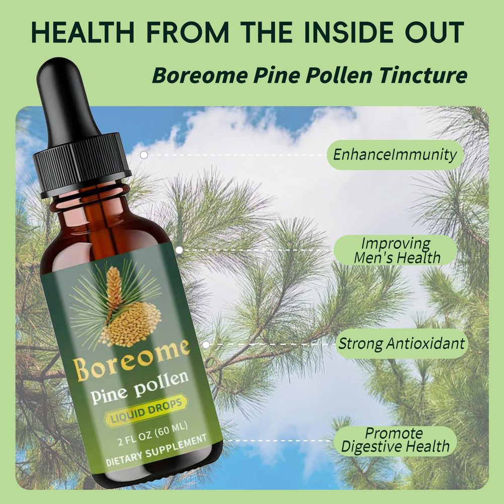 Boreome Pine Pollen Tincture label close-up with glycerin base
