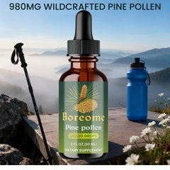 Boreome Pine Pollen Tincture bottle with glass of water demonstrating absorption
