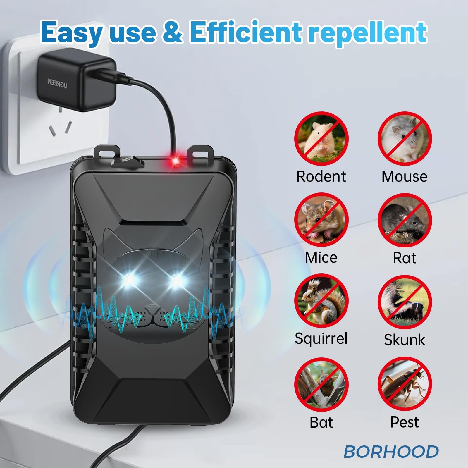 BORHOOD Ultrasonic Rodent Repellent power options: battery, USB, or DC power