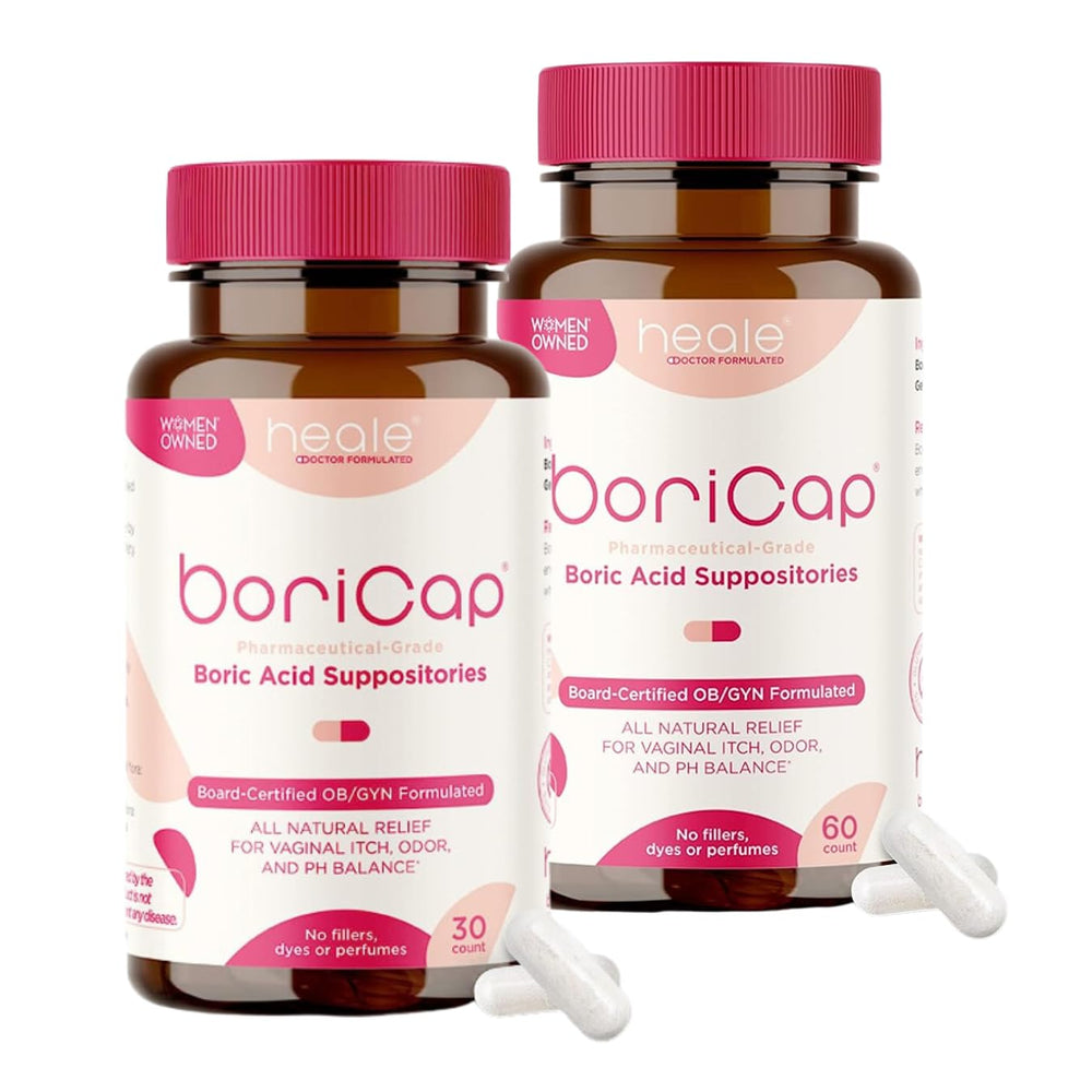 BoriCap bottle closeup highlighting the boric acid formula for vaginal balance.