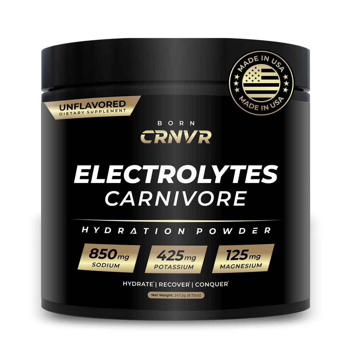 Born CRNVR Carnivore Electrolytes powder tub ready for hydration routines.