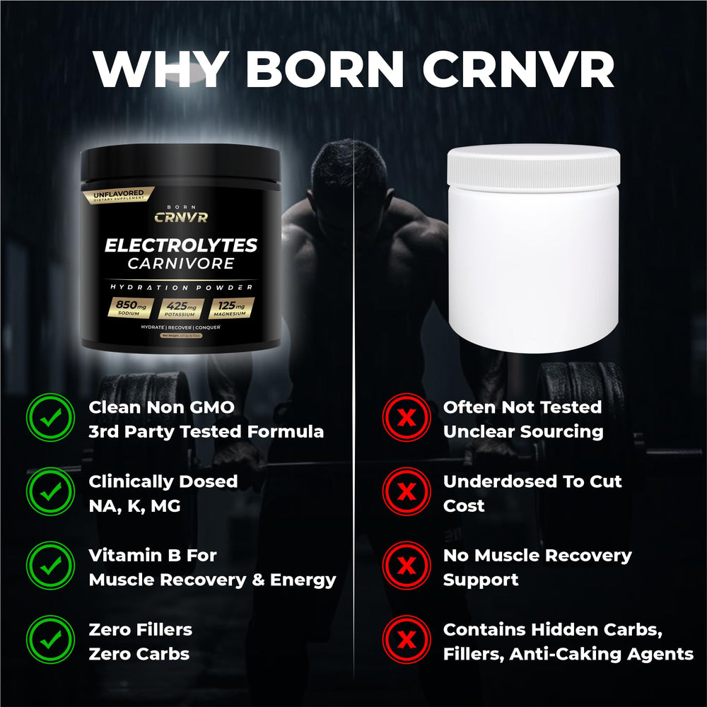 Unflavored Born CRNVR Carnivore Electrolytes powder ready to mix.
