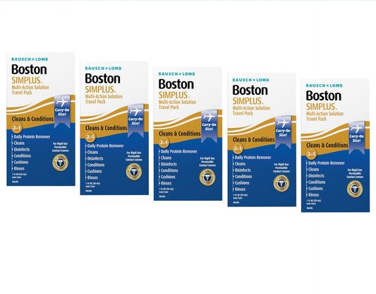 Boston SIMPLUS travel pack with five 1 oz bottles for convenient daily lens care