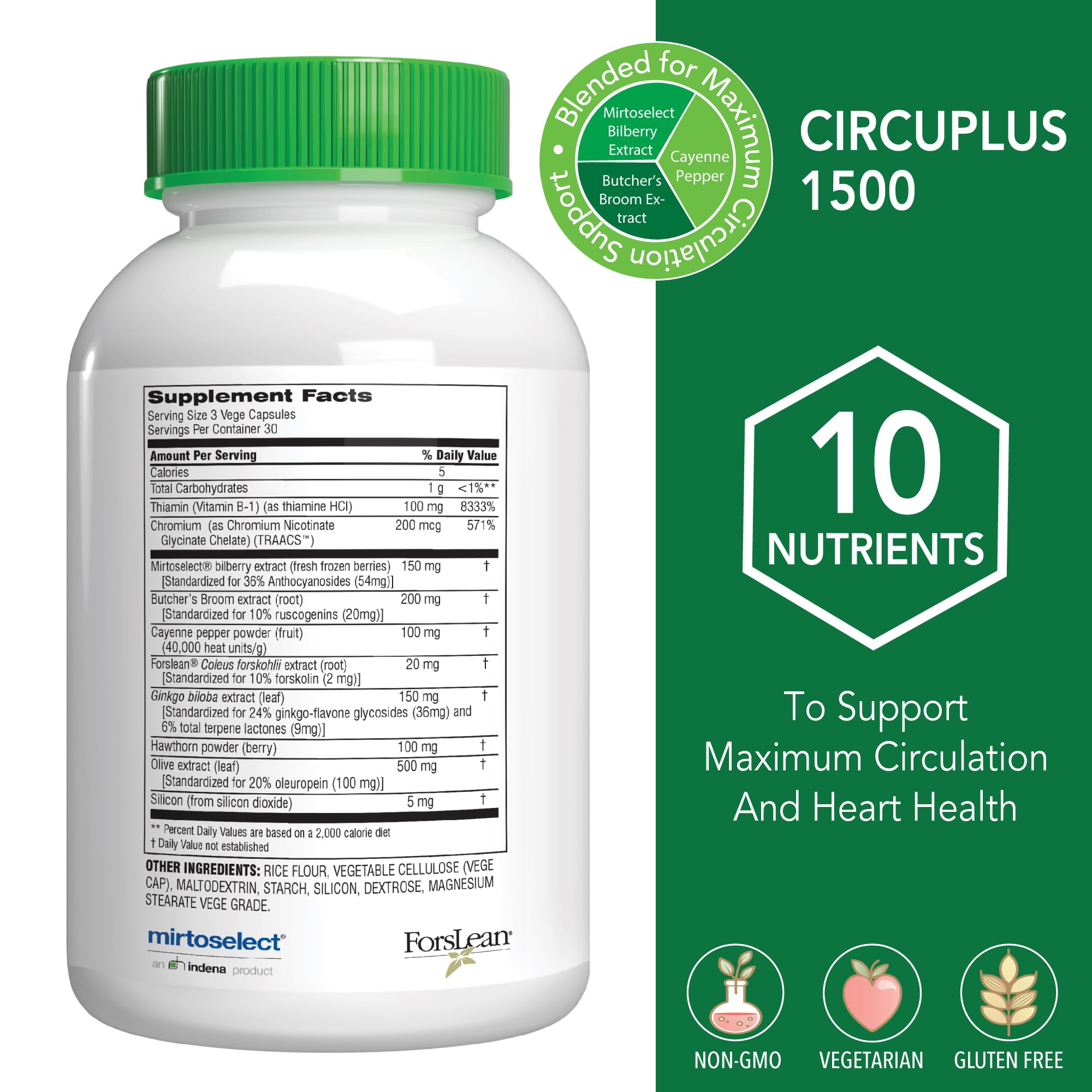 Close-up of CircuPlus 1500 capsules, a vegetarian formula for daily circulation support.