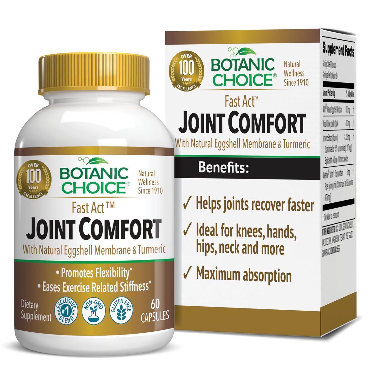 Botanic Choice Fast Act Joint Comfort bottle shows easy capsules for daily joint support.