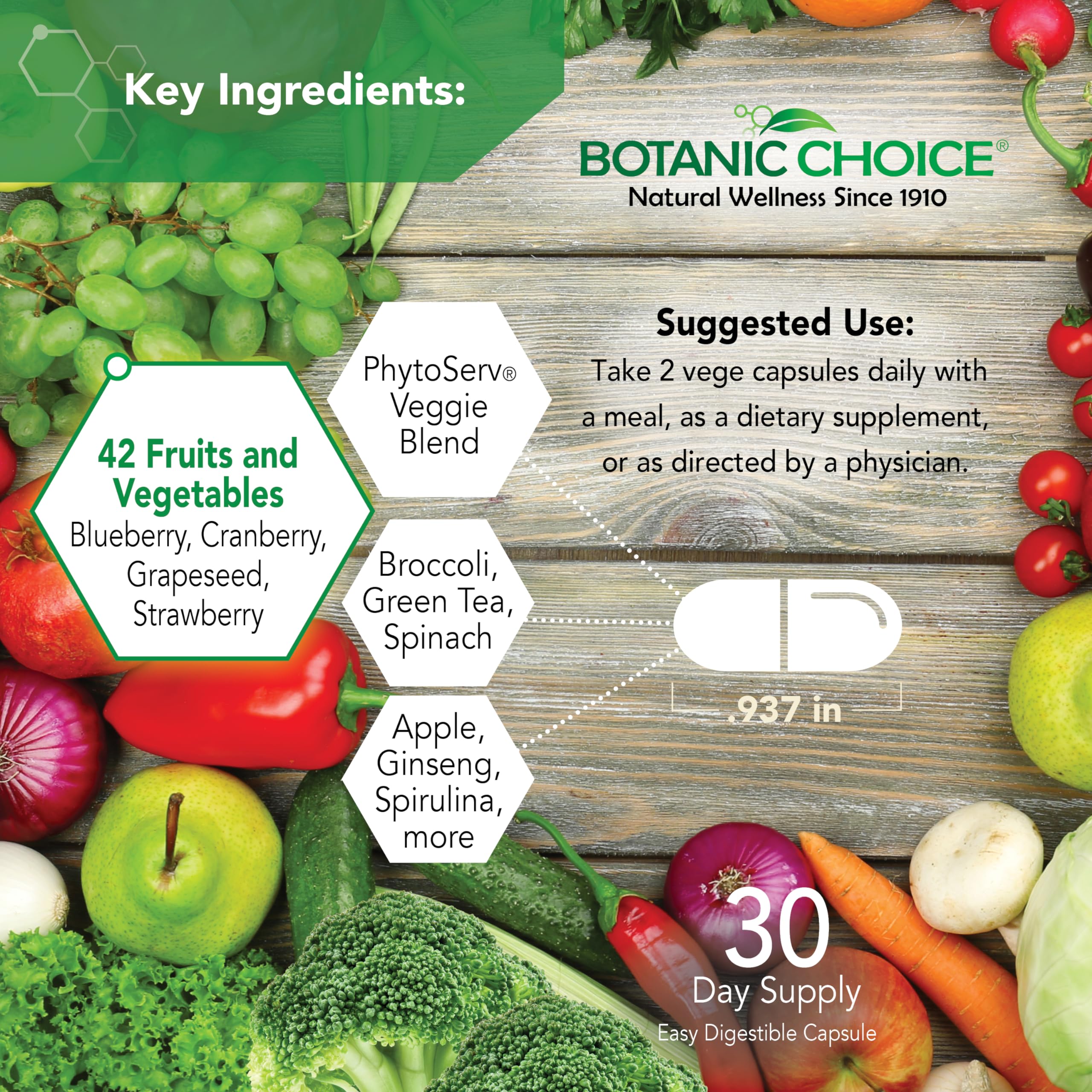 Botanic Choice Mega Fruits and Veggies blend ingredients close-up with vibrant fruits and greens.