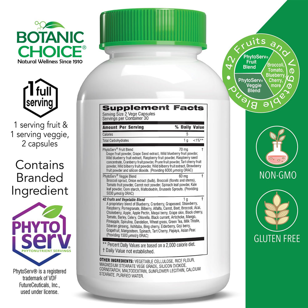 Botanic Choice Mega Fruits and Veggies blend bottle shown for everyday nutrition.
