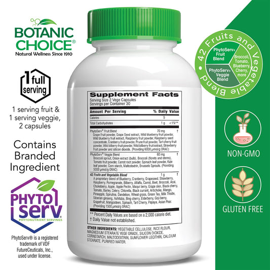 Botanic Choice Mega Fruits and Veggies blend bottle shown for everyday nutrition.