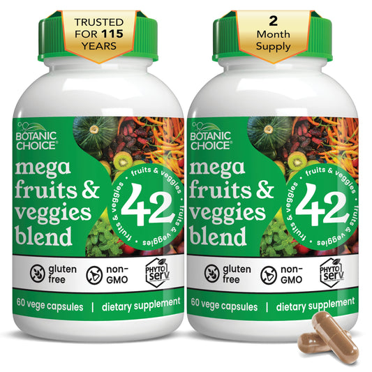 Botanic Choice Mega Fruits and Veggies blend capsules for daily antioxidant support.
