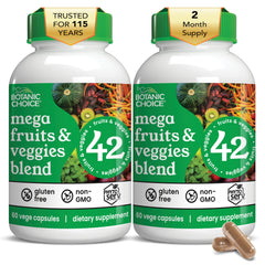 Botanic Choice Mega Fruits and Veggies blend capsules for daily antioxidant support.