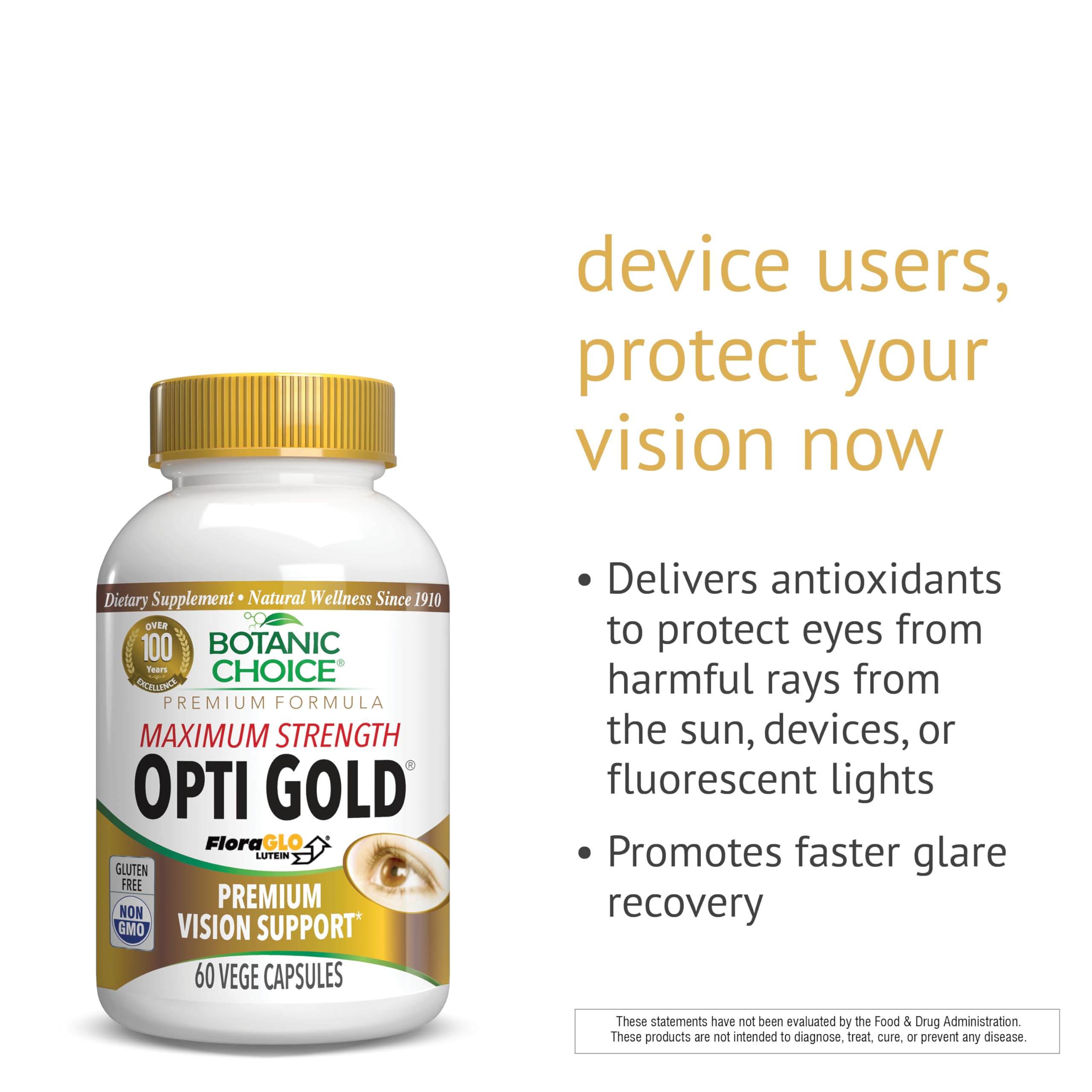 Botanic Choice OptiGold Vision packaging with ingredients highlighting lutein and bilberry