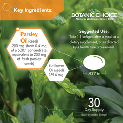 Close-up of Botanic Choice Parsley Seed Oil softgels highlighting aroma-free potency for fresher breath.