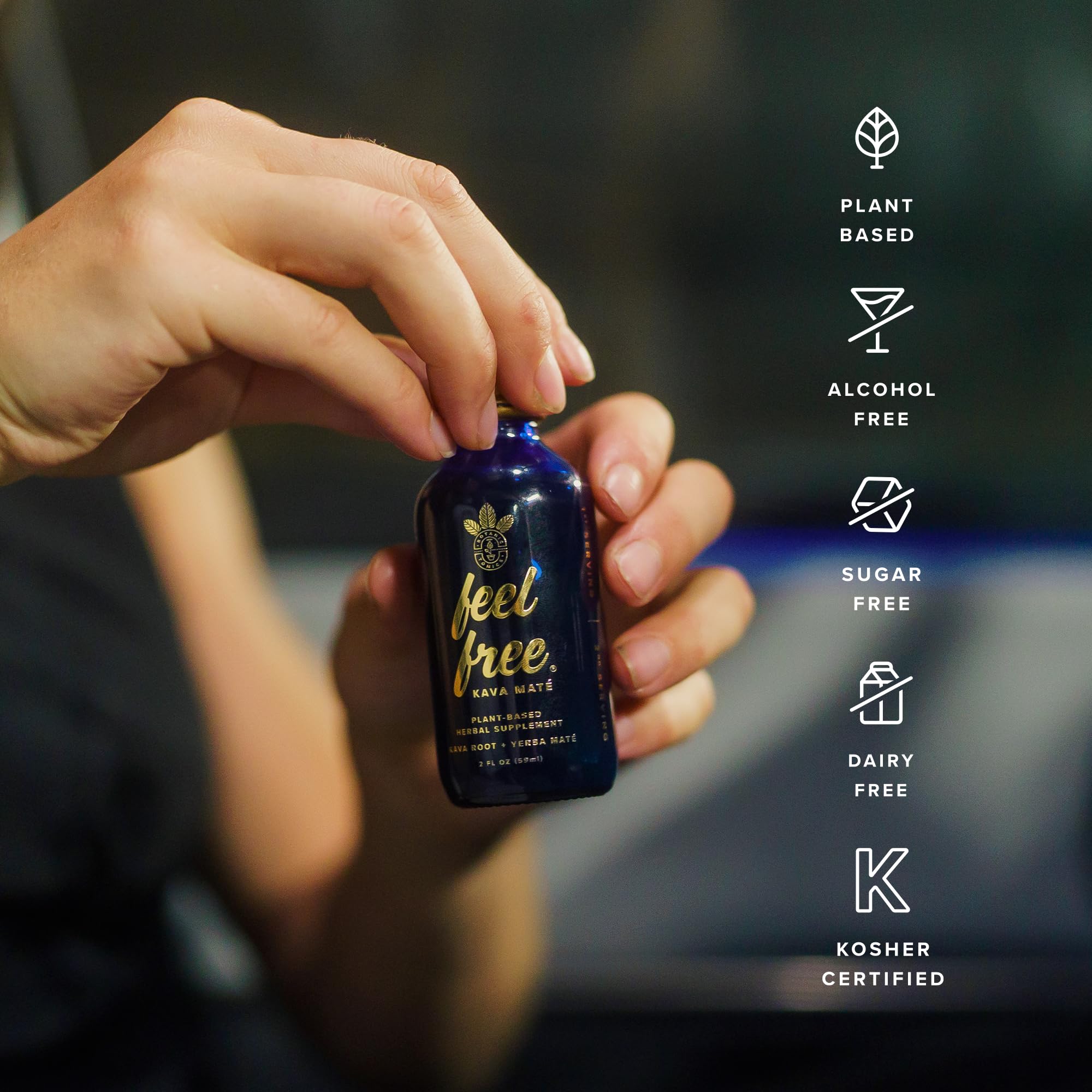 Noble kava root close-up underscores premium ingredients.