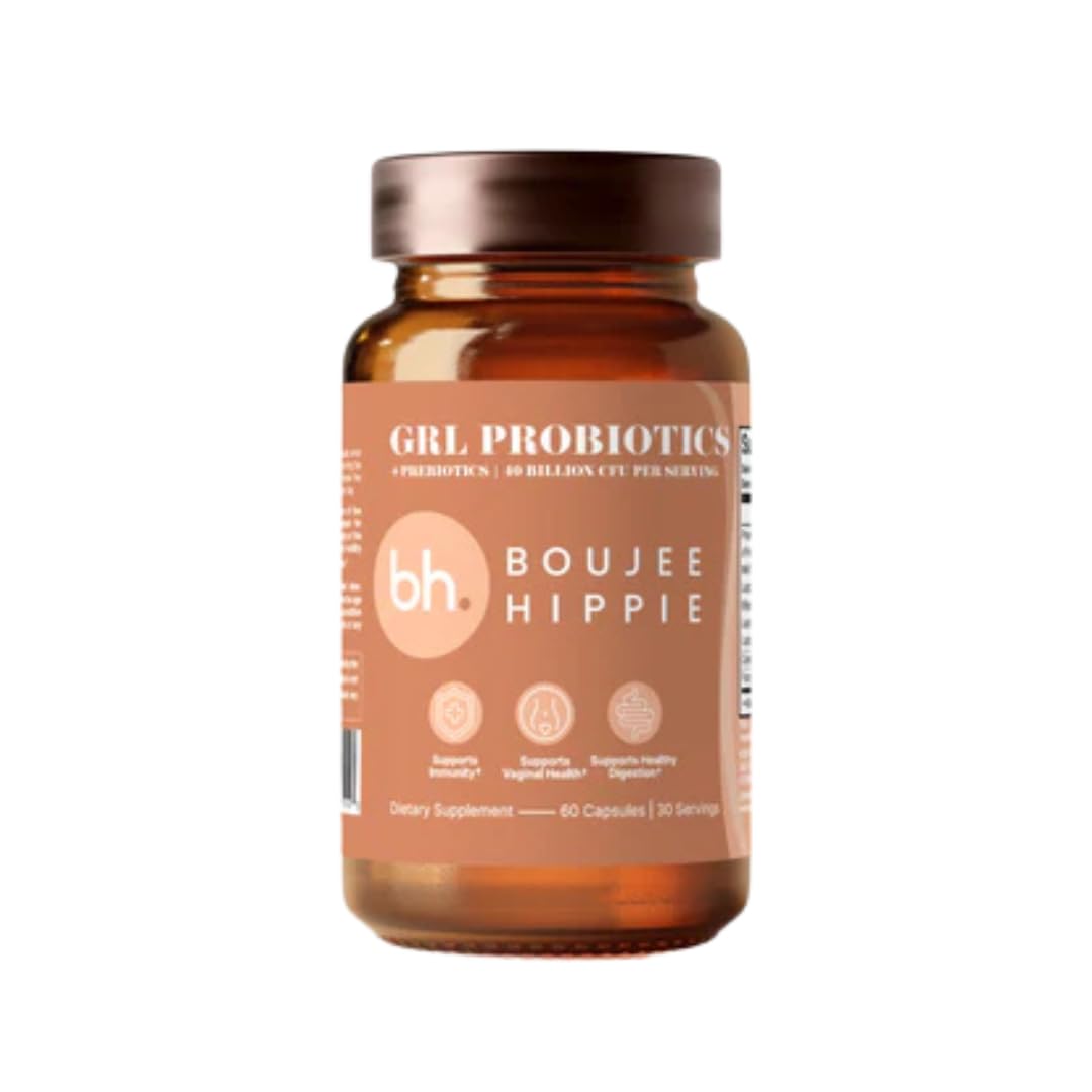 Boujee Hippie GRL Probiotic bottle label, highlighting 40B CFU blend for gut balance and immune support