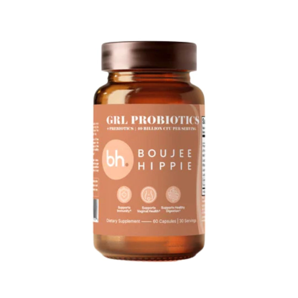 Boujee Hippie GRL Probiotic bottle label, highlighting 40B CFU blend for gut balance and immune support