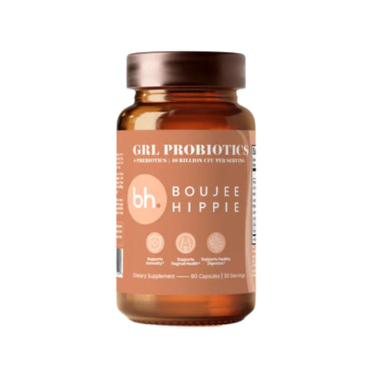 Boujee Hippie GRL Probiotic bottle label, highlighting 40B CFU blend for gut balance and immune support