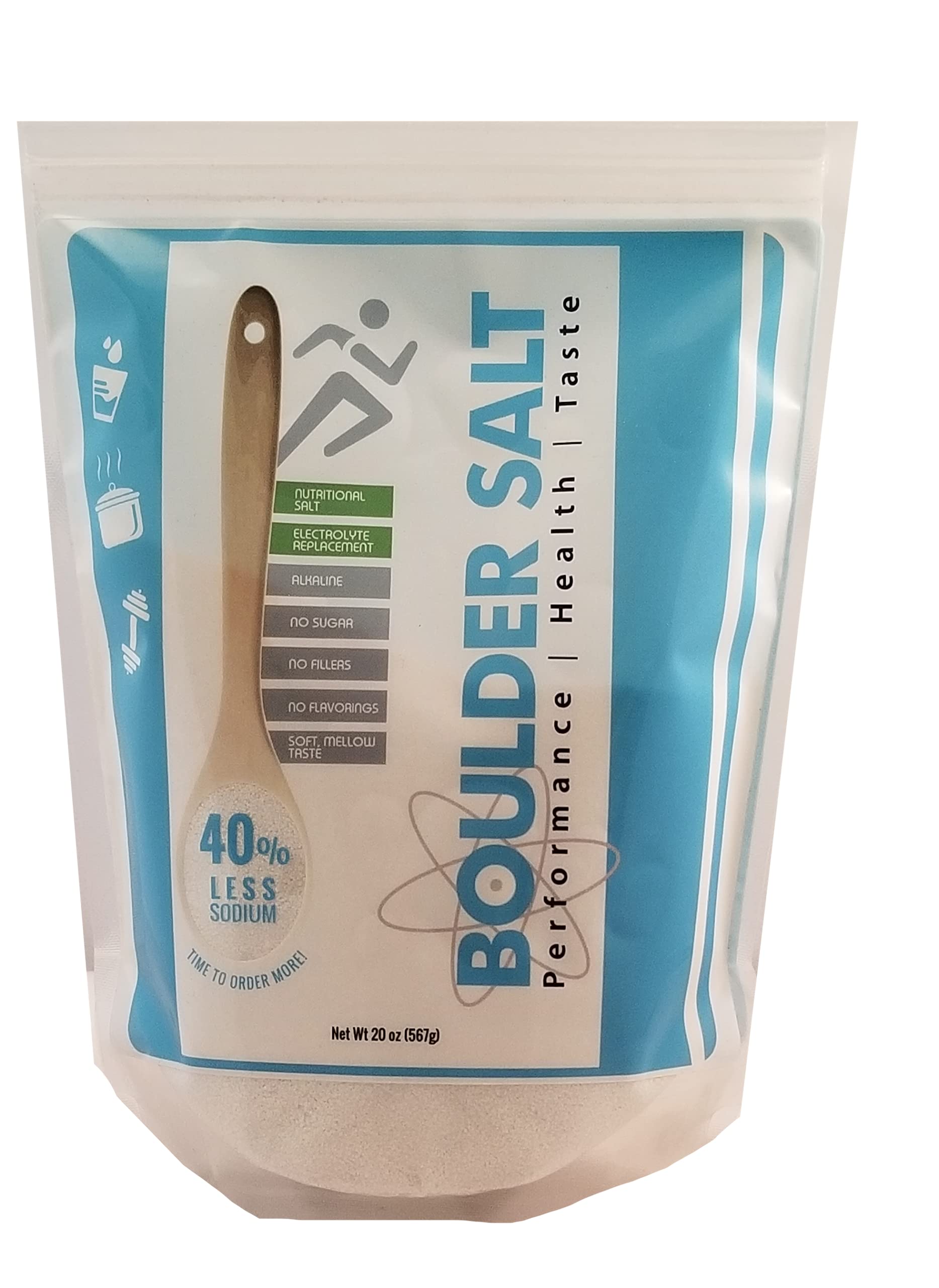 Boulder Salt bottle pour shows a low-sodium electrolyte option for cooking.