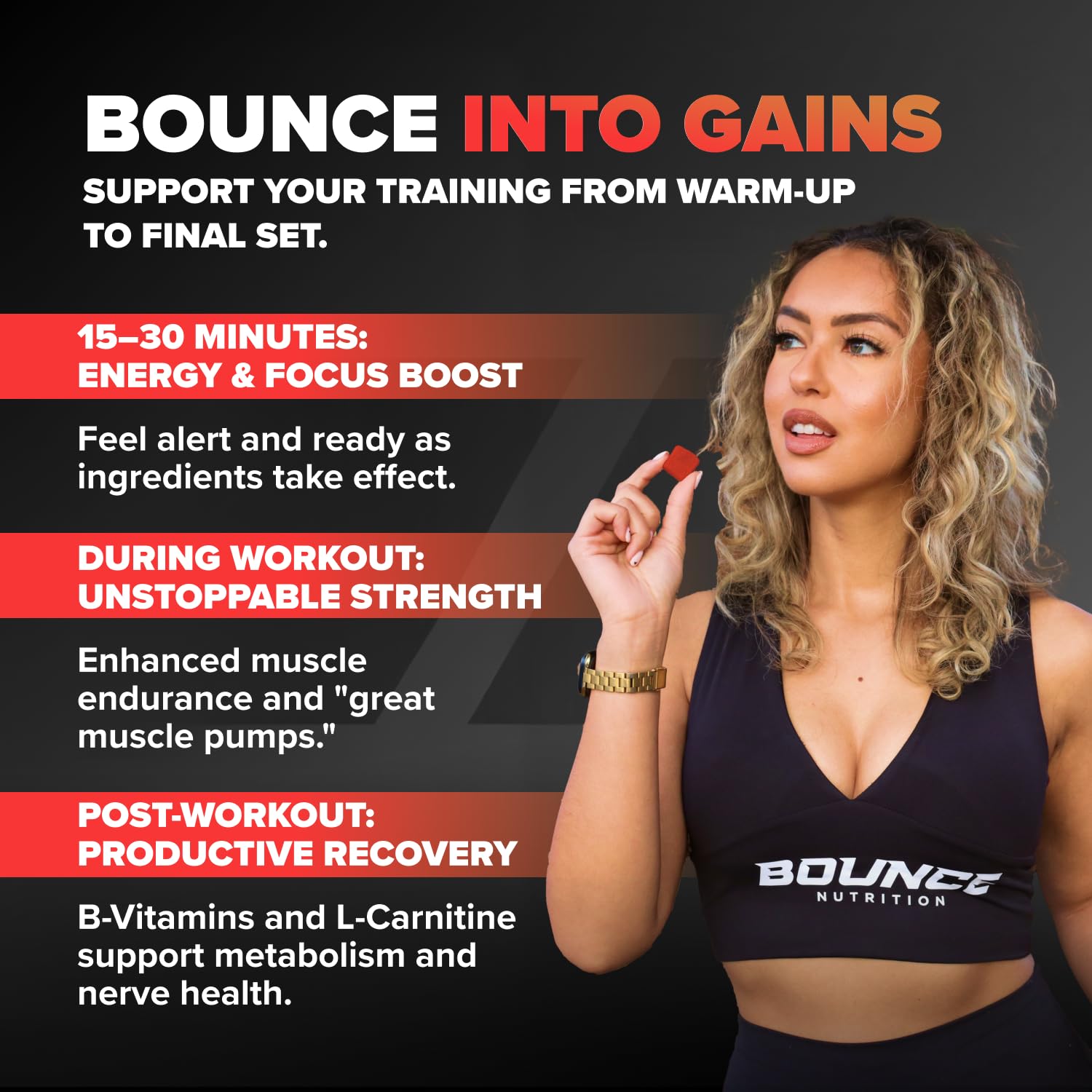 Bounce Pro Pre Beast Mode ingredient panel highlights caffeine and amino acids