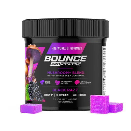 Bounce Pro Pre Workout Gummies bottle label signals vegan energy for training.