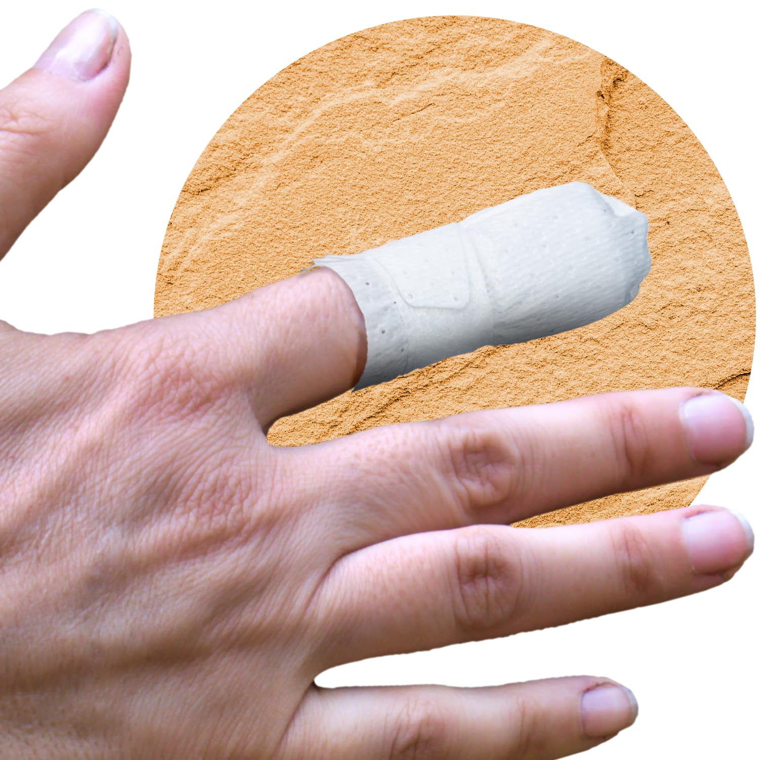 BounceBack MediMitt shown on a finger for comfortable, non-adhesive protection.