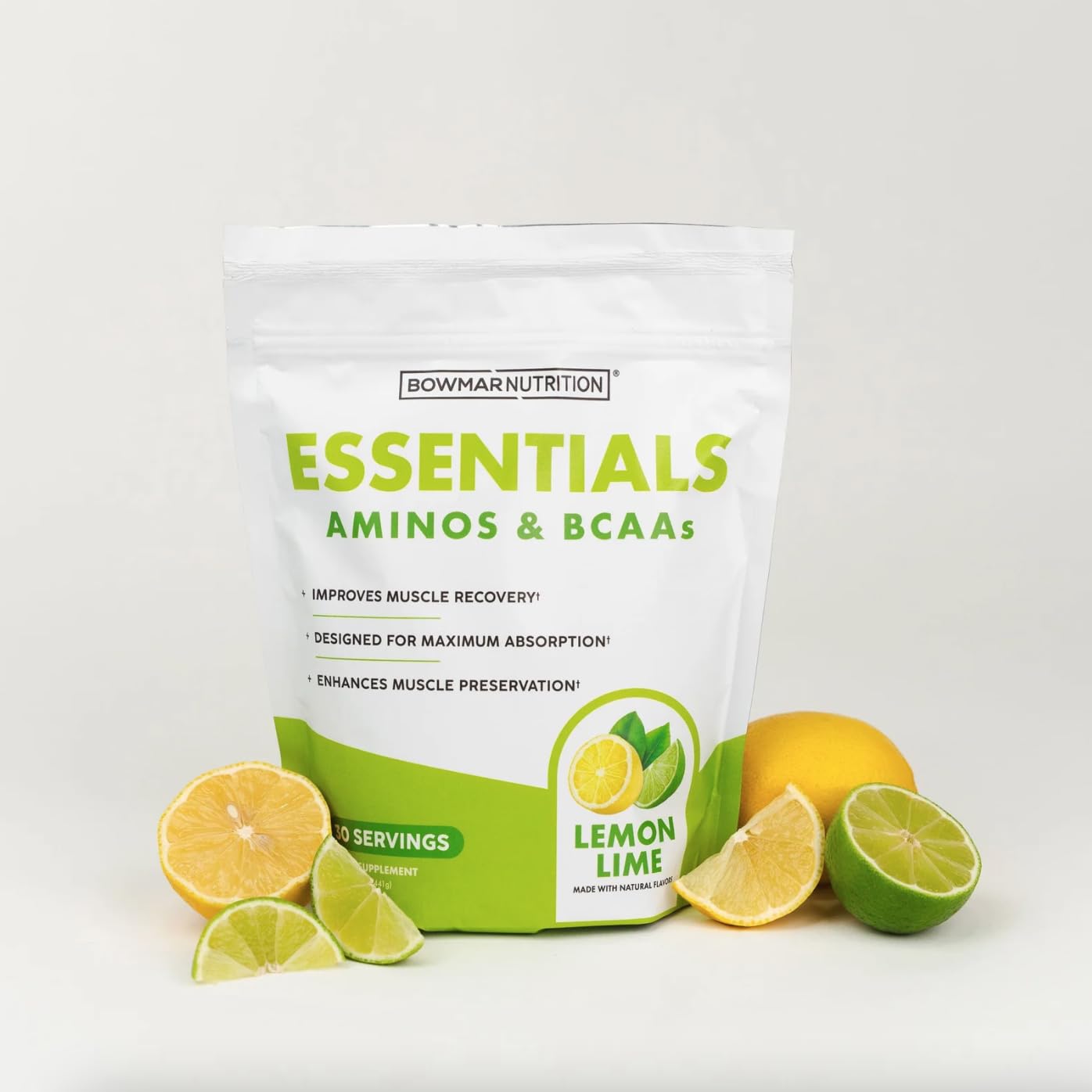 Bowmar Nutrition Essentials glass with lemon-lime drink ready for workouts.
