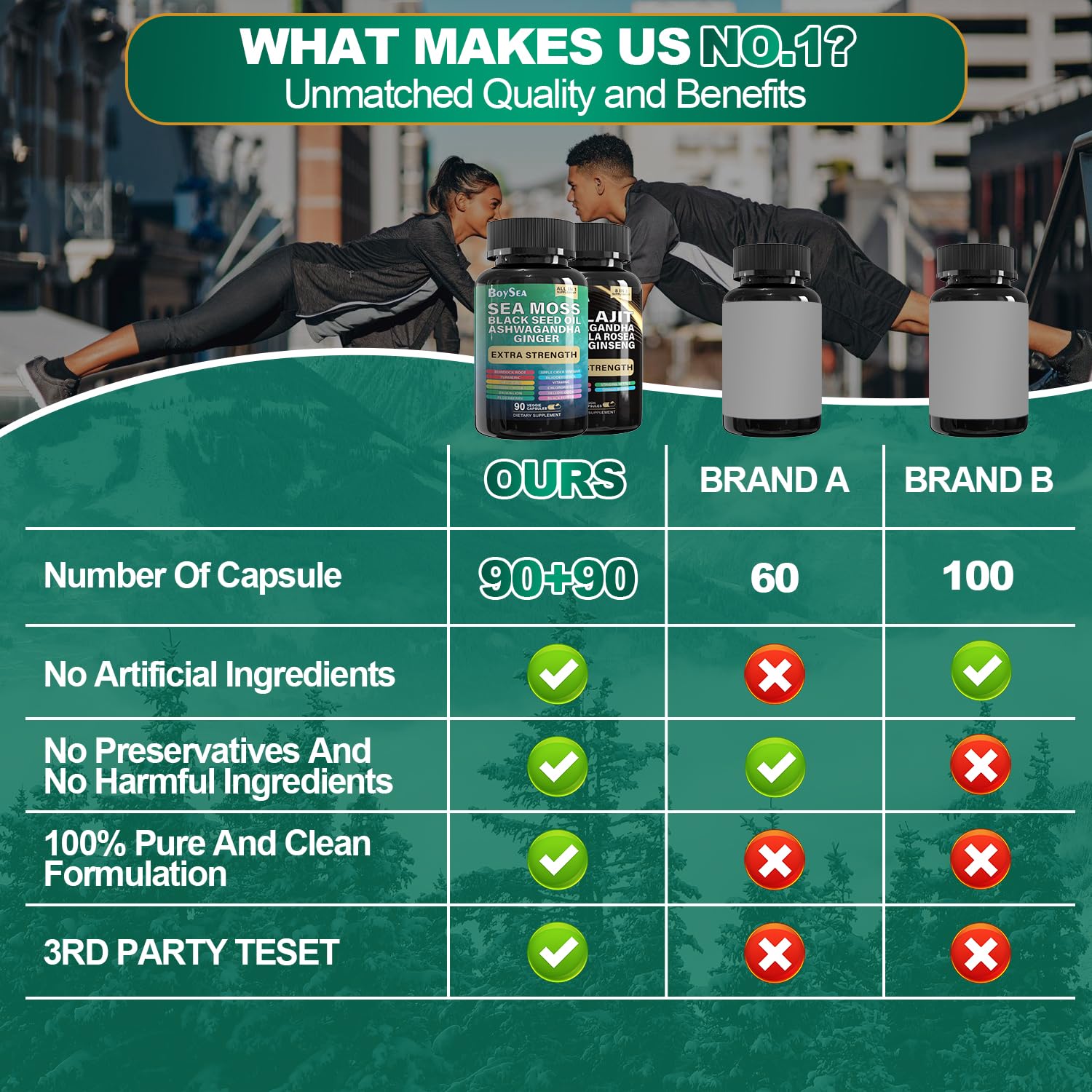 Boysea Sea Moss capsules bottle display supports a comprehensive 16-in-1 nutrient profile.