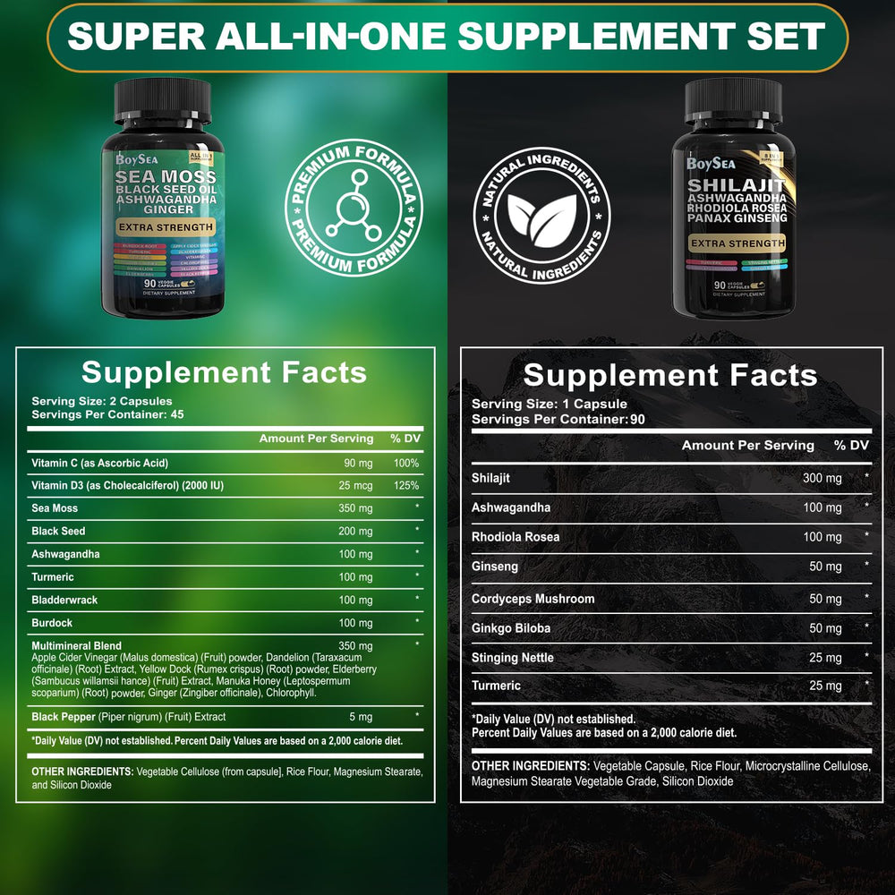 Boysea Shilajit capsules close-up highlighting a potent 8-in-1 blend for daily vitality.