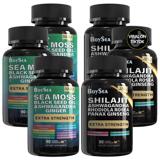 Boysea Shilajit and Sea Moss bundle packaging shows a convenient two-bottle set for easy daily use.