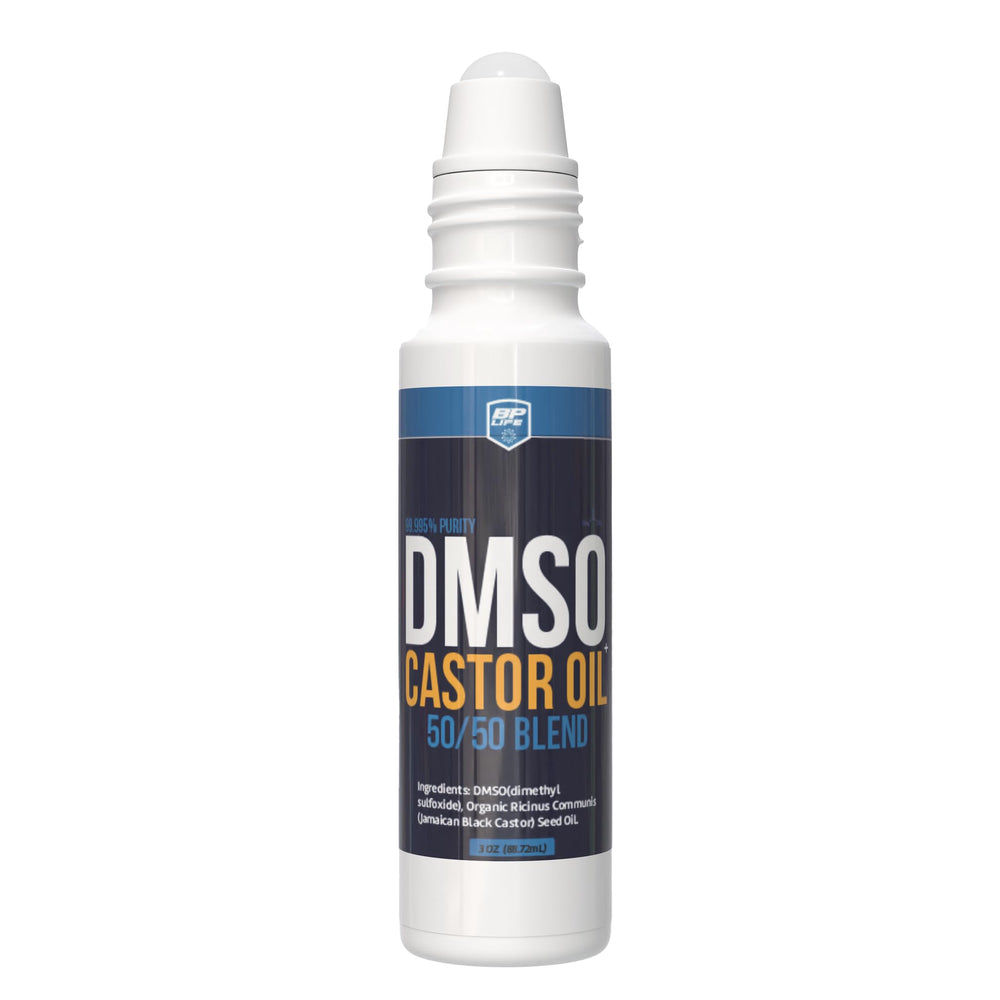 BP Life DMSO Organic Jamaican Black Castor Oil roll-on bottle for smooth, targeted skin hydration
