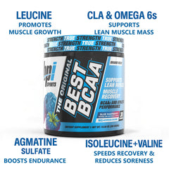 BPI Sports Best BCAA scoop in water highlighting fast absorption.