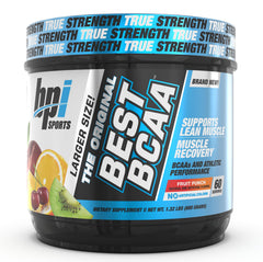 BPI Sports Best BCAA tub front with Fruit Punch flavor and hydration signals