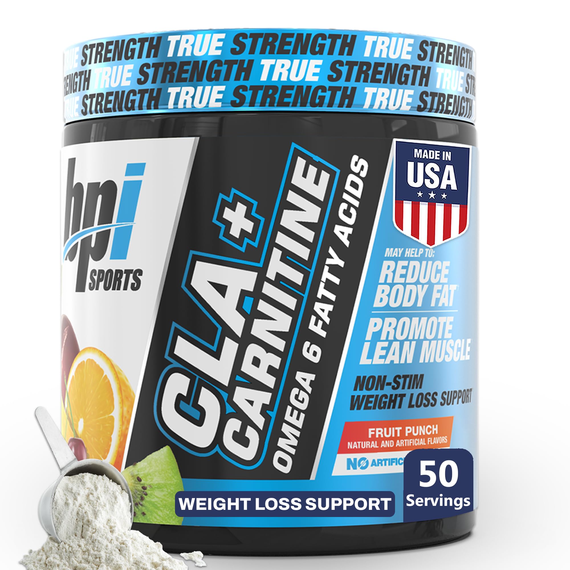 BPI Sports CLA+Carnitine bottle front shows non stimulant fat metabolism support
