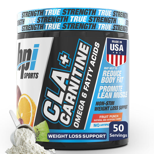BPI Sports CLA+Carnitine bottle front shows non stimulant fat metabolism support
